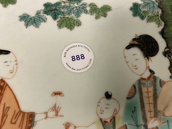 A large Chinese famille verte dish with ladies and boys in a garden, Kangxi